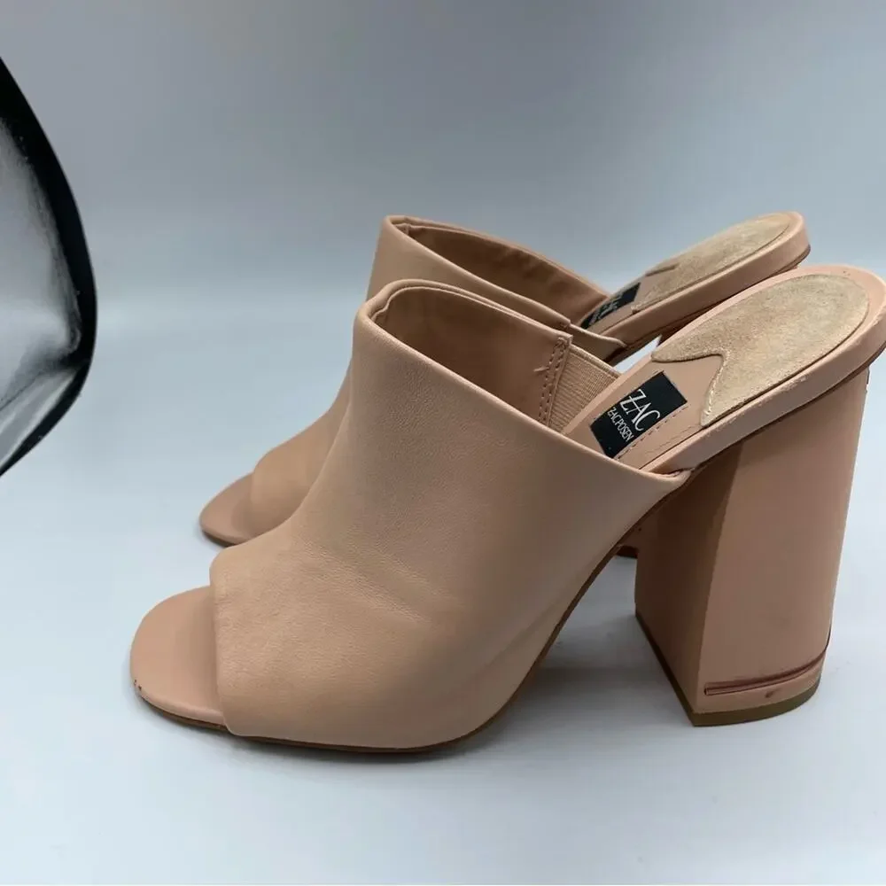 Zac Posen Nude Leather Slip One Mules Chunky Heel Women’s Shoes 9 Peep Toe Y2K